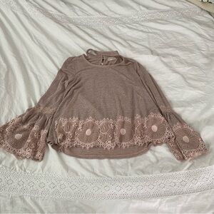 Altar’d State SMALL long sleeve pink lace choker top bell sleeves
